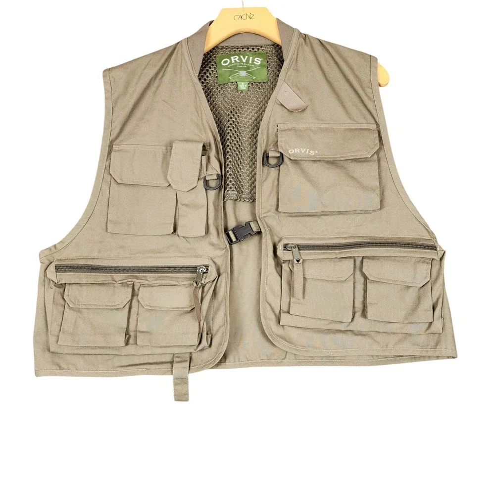 Orvis Mens Fly Fishing Vest Khaki Tan Mesh‎ Back Multi-Pocket Utility Size S